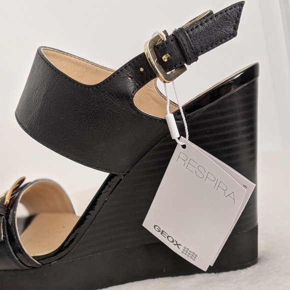 Geox Respira Sandal Leather Patent Buckle Open Toe Black Wedge 9.5 EU39.5 NWT - Picture 15 of 15